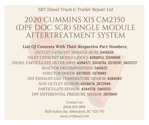 2020 CUMMINS X15 CM2350 (DPF DOC SCR) Single Module Aftertreatment System OUTLET CATALYST MODULE (SCR): 5418556 INLET CATALYST MODULE (DOC): 4394855, 5509698 DIESEL PARTICULATE FILTER (DPF): 4394577, 5509714, 5579297, 5633757 REACTOR DECOMPOSITION: 5418122 INJECTOR DOSER: 4377650, 5578983 DEF EXHAUST GAS TEMPERATURE SENSOR: 4384563 NOX OUTLET SENSOR: 4326874, 2872946 PARTICULATE SENSOR: 4384376, 5461552 DPF DIFFERENTIAL PRESSURE SENSOR: 2871960