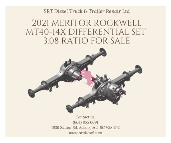 2021 MERITOR ROCKWELL MT40-14X DIFFERENTIAL SET 3.08 RATIO FOR SALE - SRT DIESEL ABBOTSFORD Make Meritor / Rockwell Model Year 2021 Model MT40-14X Model No. (FORWARD) MP20-14X Model No. (REAR) MR20-14X Differential Part No. (FORWARD) MP2014X308, TDA A1 3200M2431 308, TDA A1 3200M2431X 308 Differential Part No. (REAR) MRL2014XH308, TDA B49 3200G1879308 Axle Assembly Part No. (FORWARD) MP2014X4DFRNN508308 Axle Assembly Part No. (REAR) MR2014X4DCRNN623308 Tandem Axle Assembly Part No. MT4014X4DERNN712308 Serial No. (FORWARD) DRA21167319 Serial No. (REAR) DRA21167320 Component No. C11-00054-030 Mileage N/A Ratio 3.08 Vehicle Make Freightliner Vehicle VIN 3AKJHHDRXMSMA8250