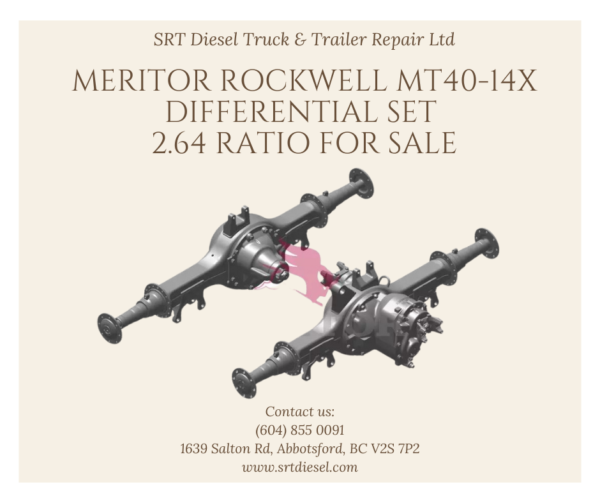 MERITOR ROCKWELL MT40-14X DIFFERENTIAL SET 2.64 RATIO FOR SALE - SRT DIESEL ABBOTSFORD Complete Tandem Set Front & Rear 40000LB, Amboid pinion position Make Meritor / Rockwell Model Year 2024 Model MT40-14X Model No. (FORWARD & REAR) MT40-14X4C AMBOID Ratings 40000LB Serial No. (FORWARD) SFOR08654395 Serial No. (REAR) SFOR08654394 Mileage N/A Ratio 2.64 Vehicle Make Volvo Vehicle VIN 4V4NC9EHXRN653617